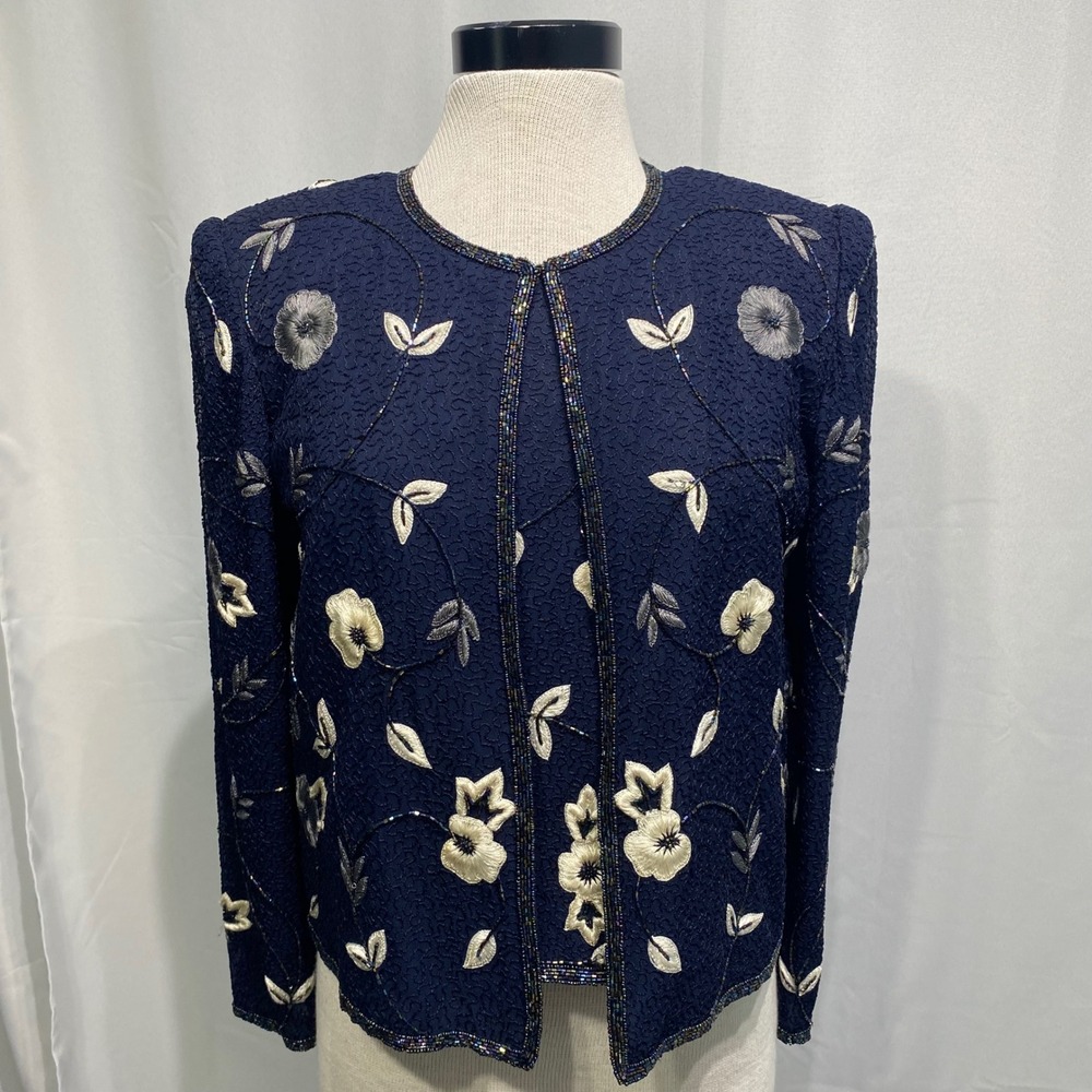 Adrianna Papell Evening Navy Blue Beaded Silk Floral Embroidery‎ 2pc Set Size 8